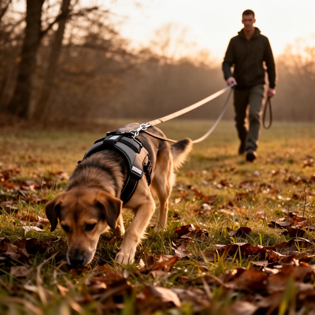 Een hond snuffelt rustig in het hoge gras tijdens het gouden uur